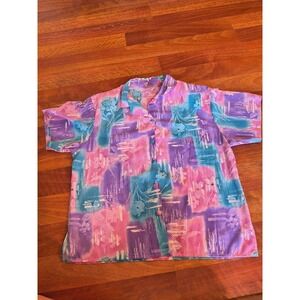 Bright 80s Color Block Made In USA Button Up Pink Teal Retro